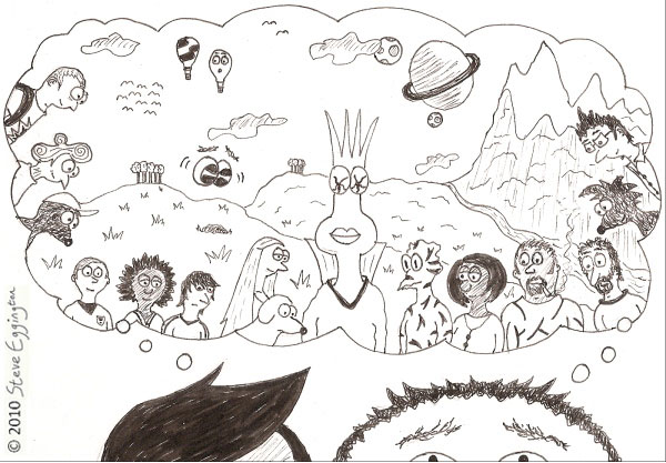 Characters in Ol and Sal's thought bubble (L-R): Kev, Bessie, Magnus Mole, Ernie, Naomi, Sam, Peepers (floating), Jude, Jock, "Spring Onion Head", Tim, Annie, Perdeep, Professor Colin Slingsby, Meg Mole, Tom Champion